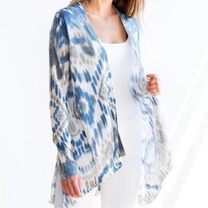 Kinross Blue and Cream Waterfall‎ Knit Linen Cardigan Small